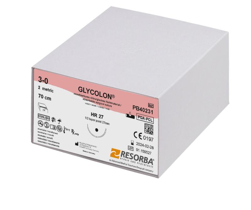 Гліколон USP3-0 фіолетовий, довжина 70см, колюча голка 27 мм, 1/2 кола